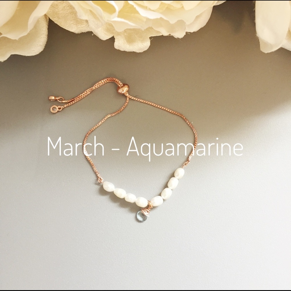 Rose Gold Adjustable Bracelet with Aquamarine drop